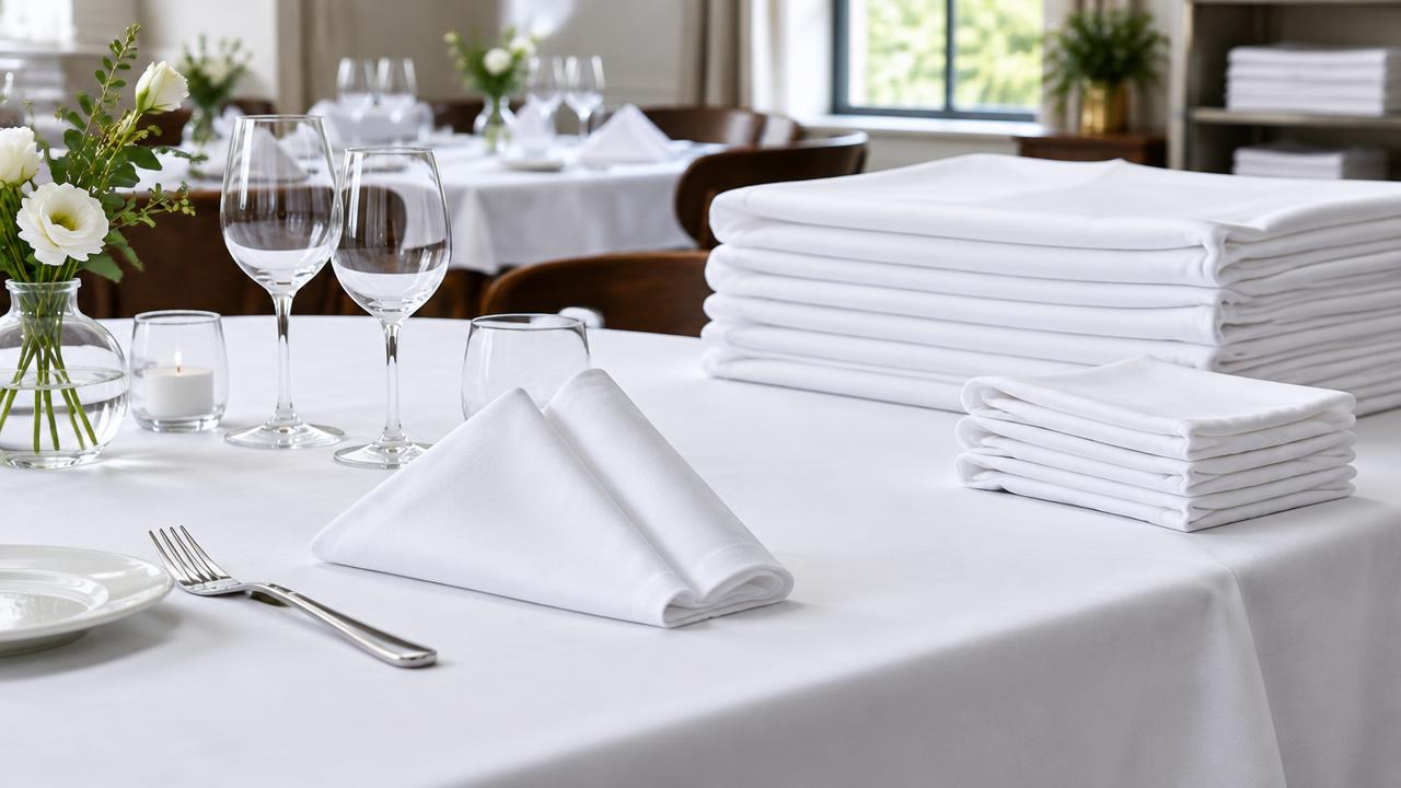 Vita dukar och vikta tygservetter på ett restaurangbord